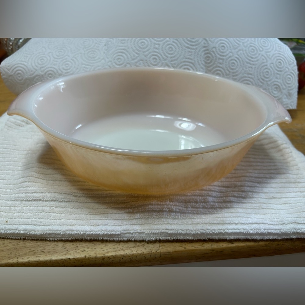 Vintage Fire King peach luster #433 oval casserole dish. Excellent condition.